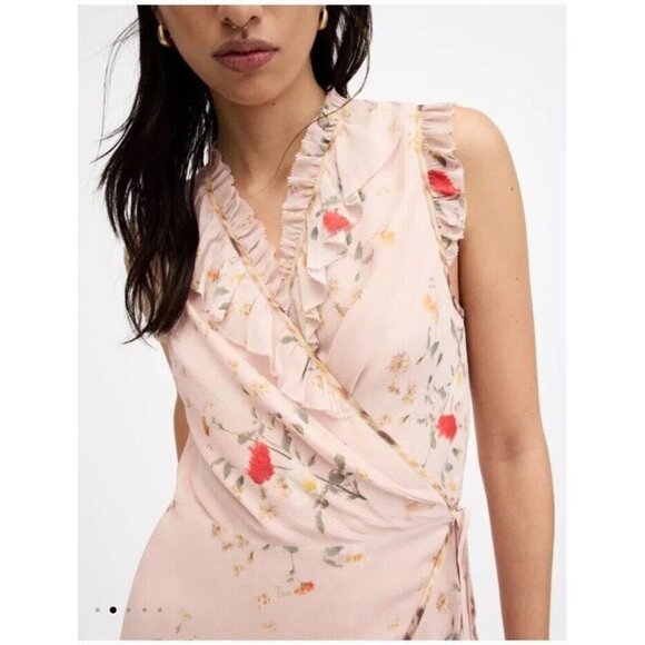New AllSaints Ari Kora Floral Print Light Pink Mini Dress Size 12 - Picture 6 of 12